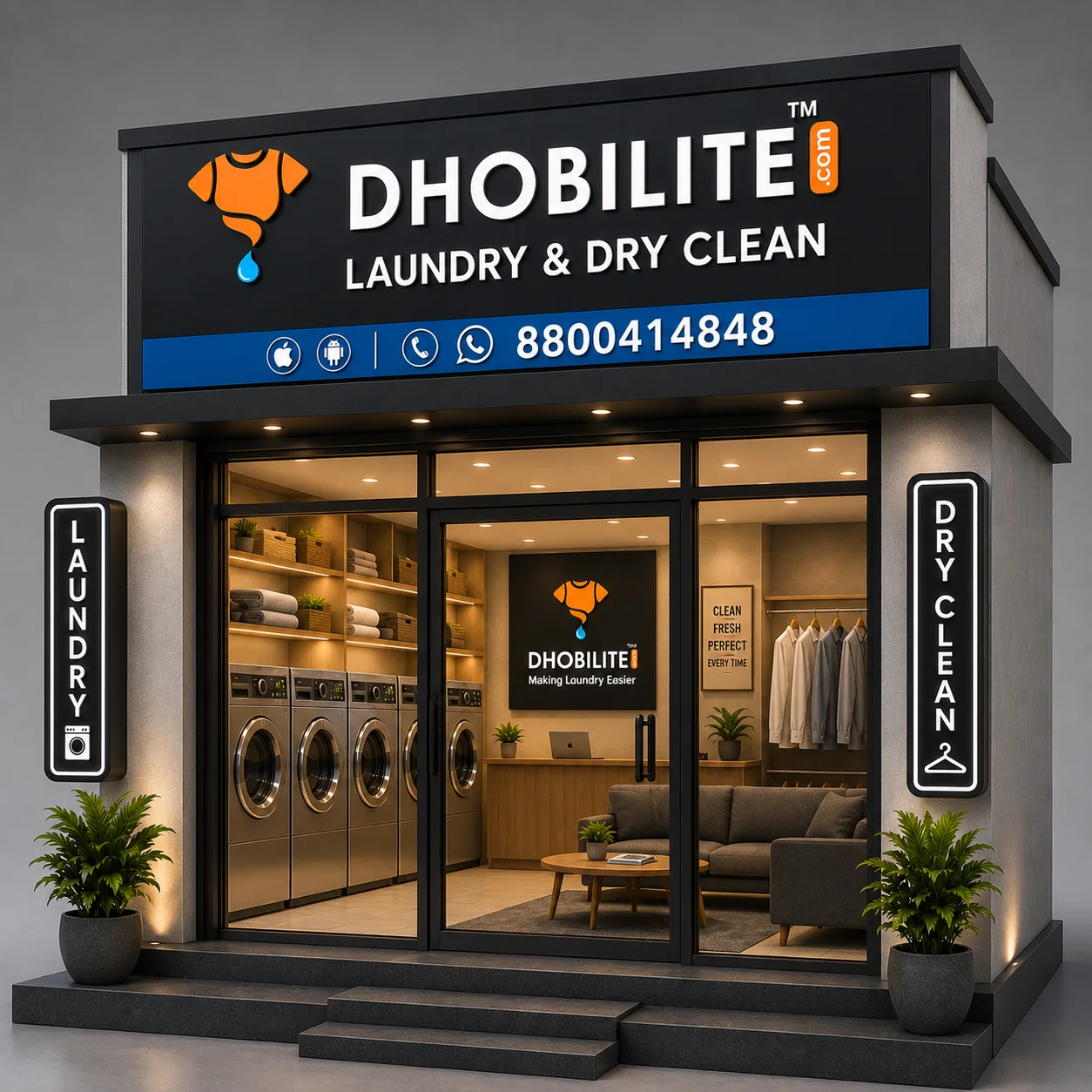DhobiLite laundry and dry cleaning store front - dedicated processing facility with washing machines and customer lounge