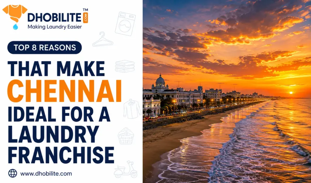 Laundry franchise in Chennai - Marina Beach at sunset, DhobiLite branding