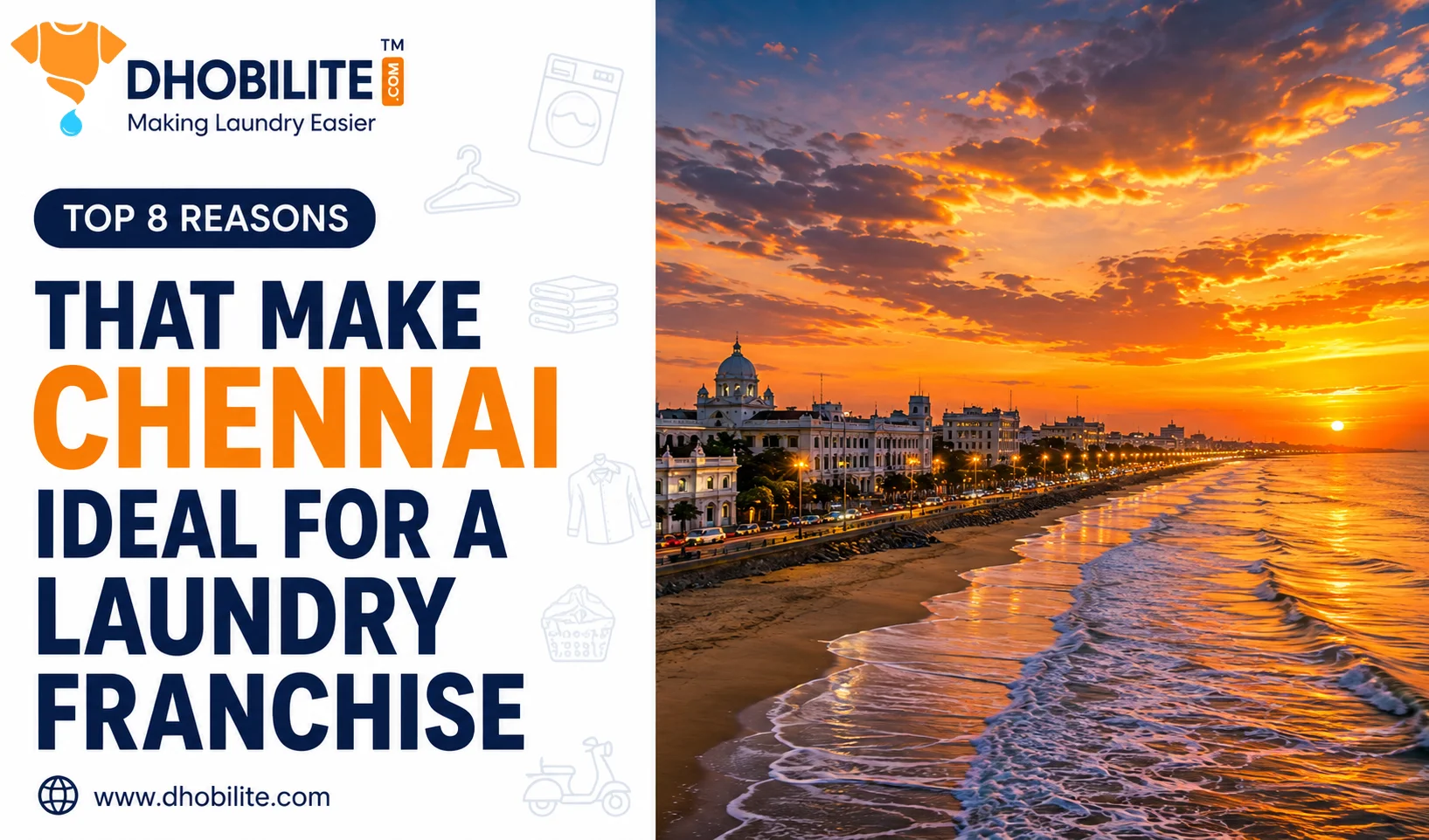Laundry franchise in Chennai - Marina Beach at sunset, DhobiLite branding