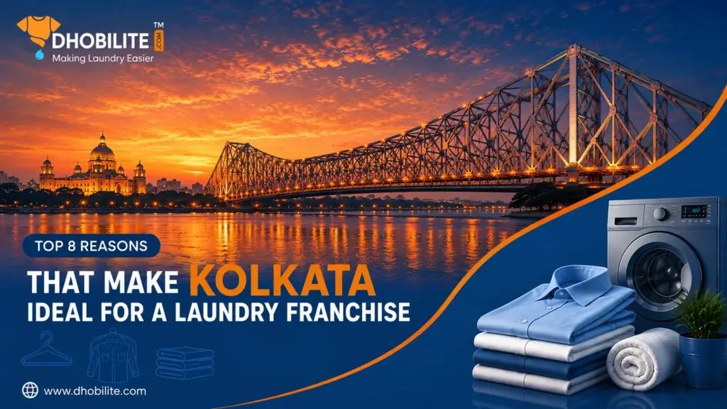 Laundry franchise in Kolkata - Howrah Bridge at sunset, DhobiLite branding