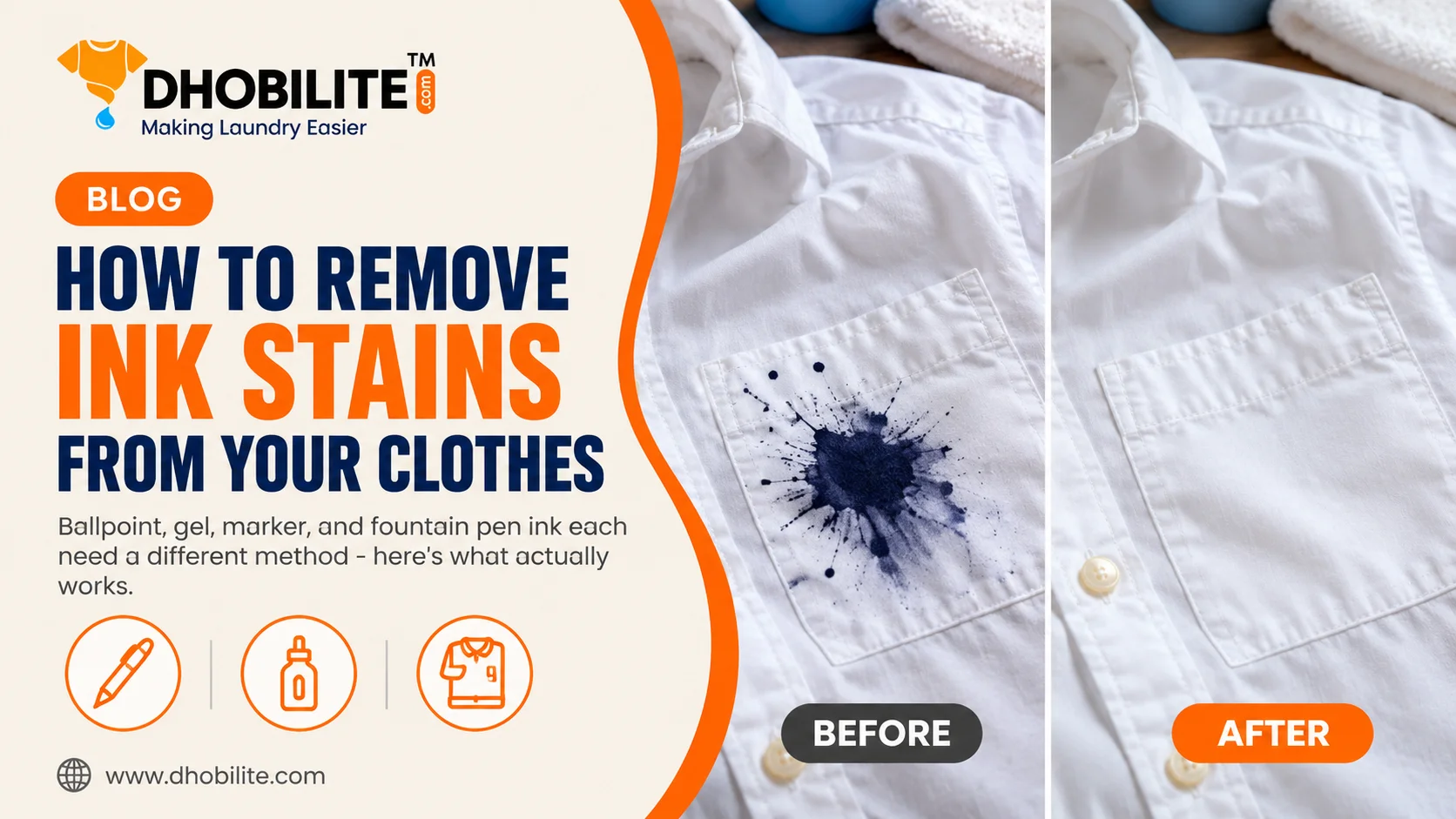 Before and after removing an ink stain from a white shirt pocket - DhobiLite guide to removing ink stains from clothes