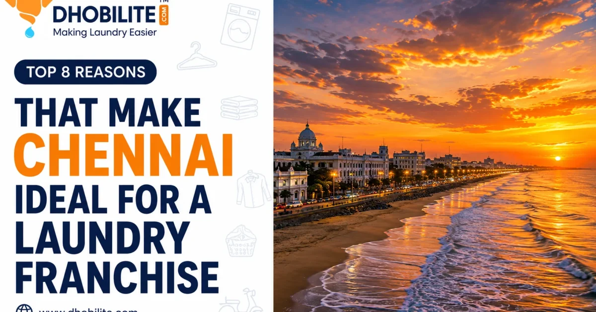 Laundry franchise in Chennai - Marina Beach at sunset, DhobiLite branding
