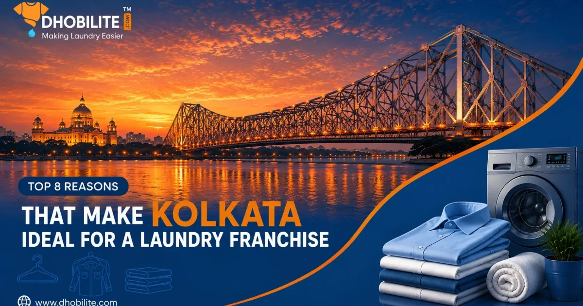 Laundry franchise in Kolkata - Howrah Bridge at sunset, DhobiLite branding
