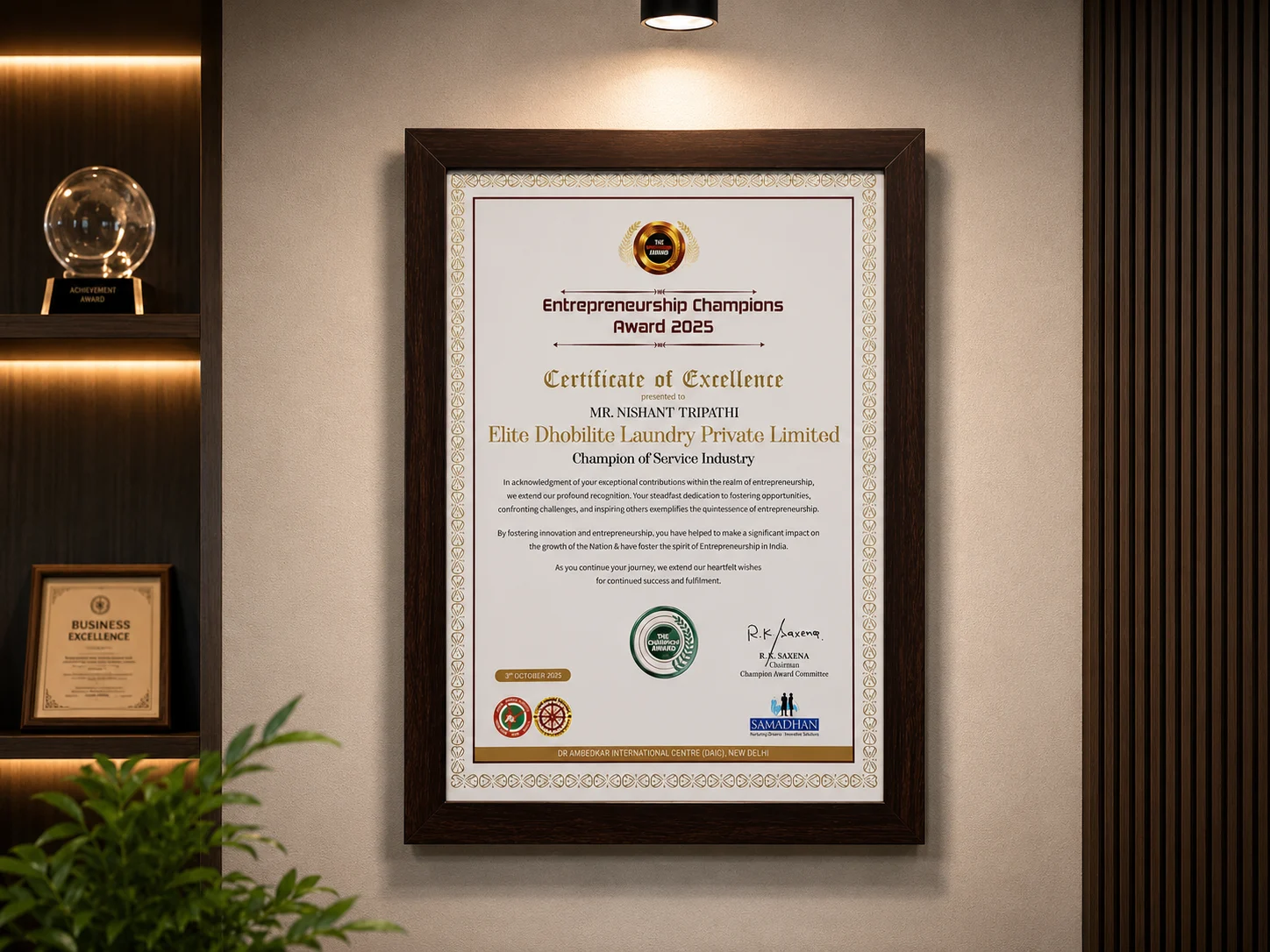 DhobiLite Entrepreneurship Champions Award 2025 certificate