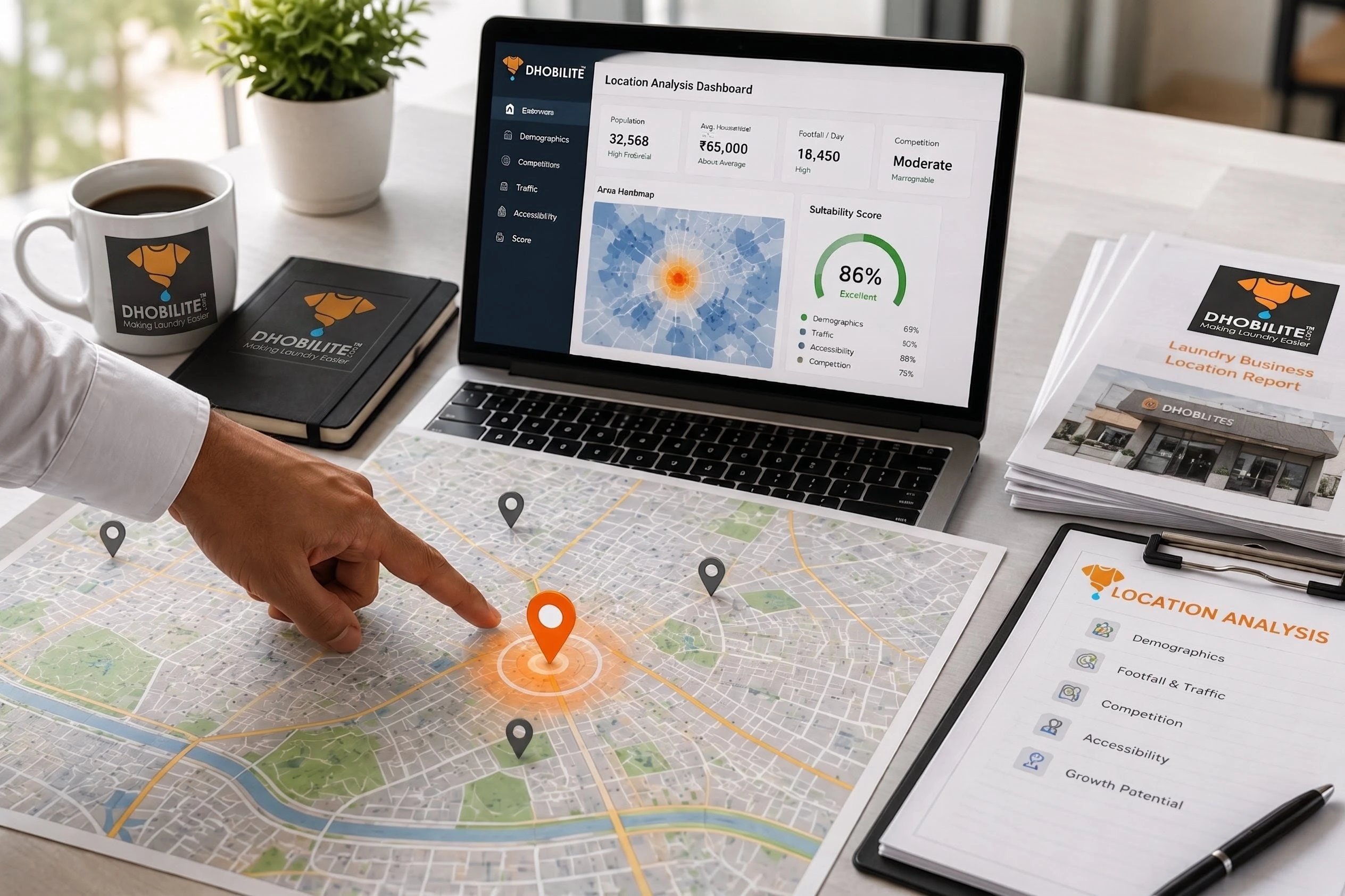 DhobiLite location analysis dashboard showing population, footfall, suitability score and competition data alongside a city map and location report