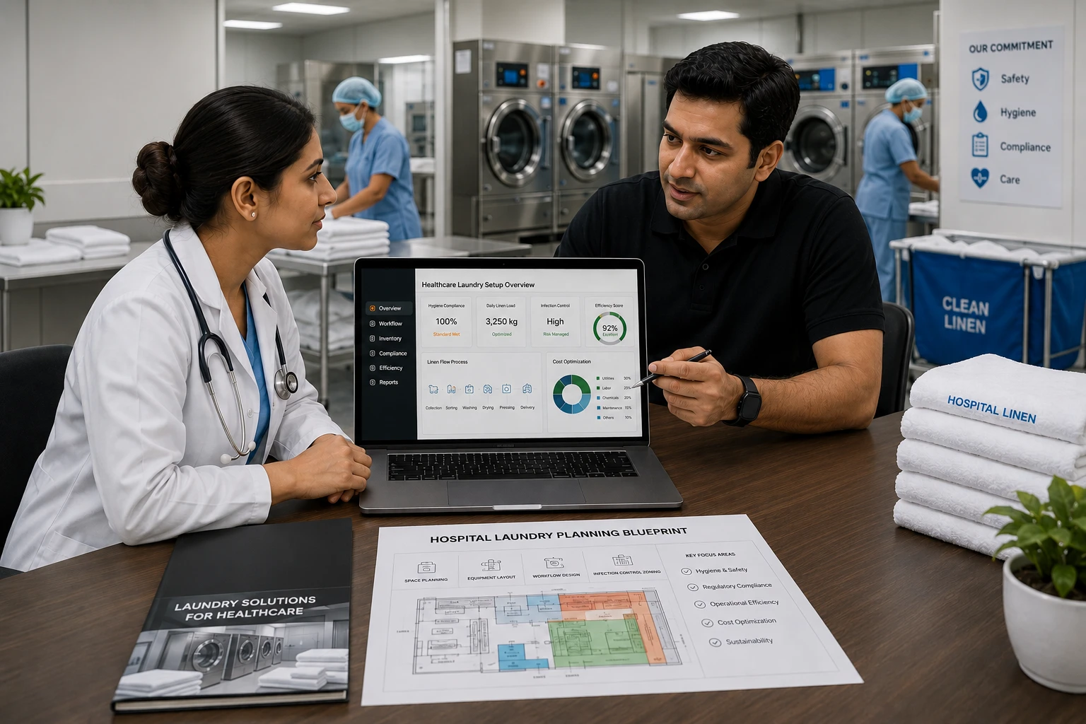 DhobiLite consultant and hospital doctor reviewing healthcare laundry setup overview with hospital linen planning blueprint and infection control compliance