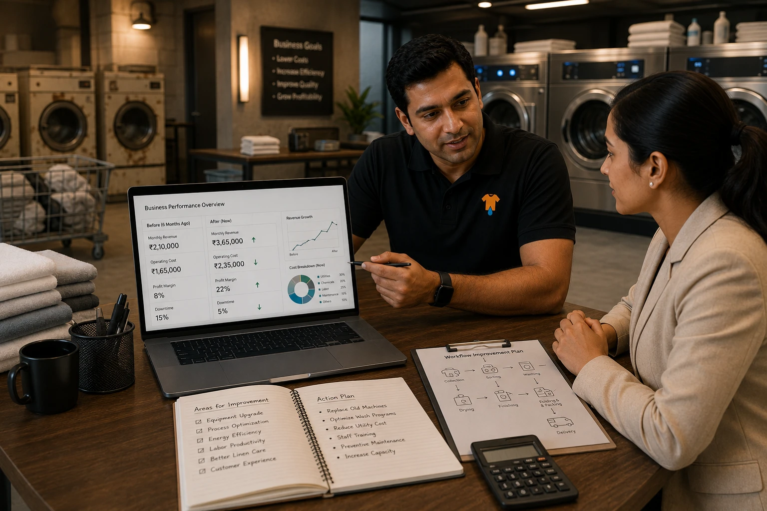 DhobiLite consultant reviewing laundromat business plan with revenue projections and equipment layout for commercial laundry