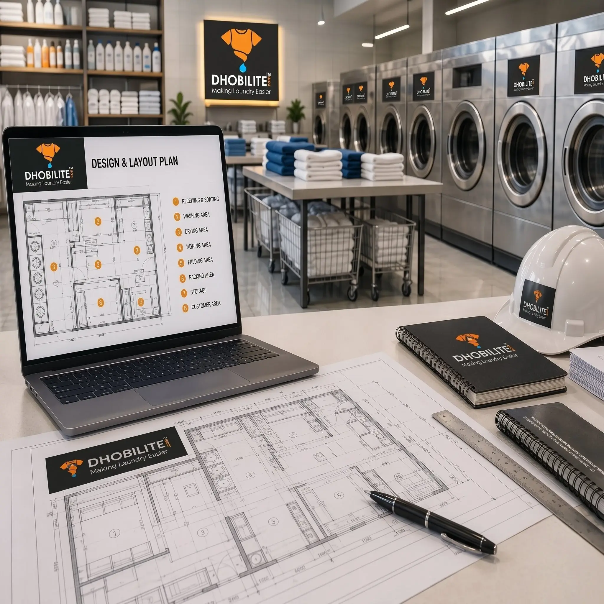 DhobiLite laundry operations consultant reviewing workflow design and SOP documentation with process layout plan