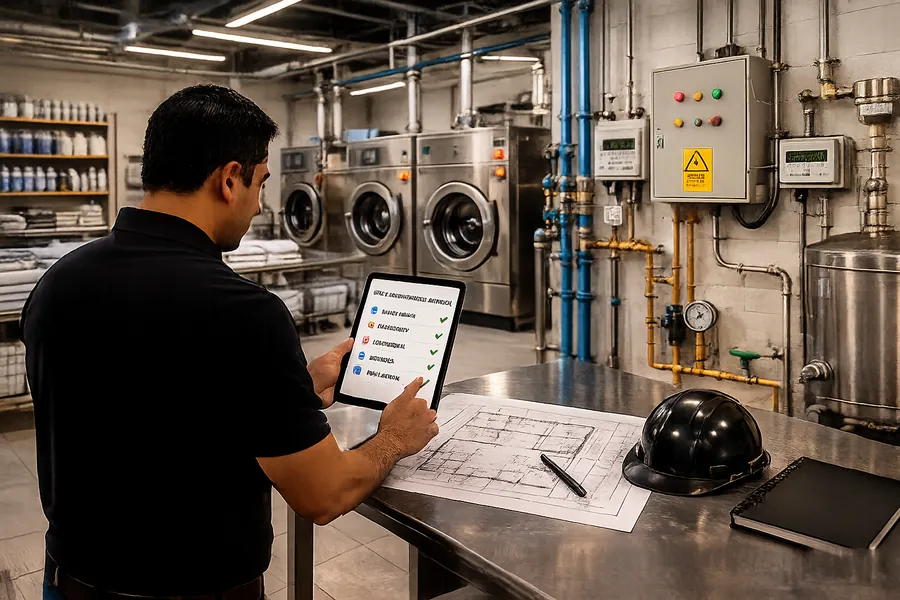 DhobiLite consultant reviewing utility requirements checklist on tablet covering water, electricity, gas and ventilation in laundry facility