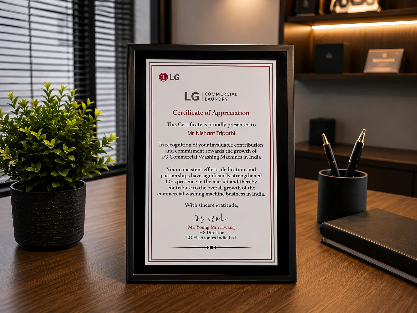 Certificate of Appreciation presented to DhobiLite by LG Commercial Laundry