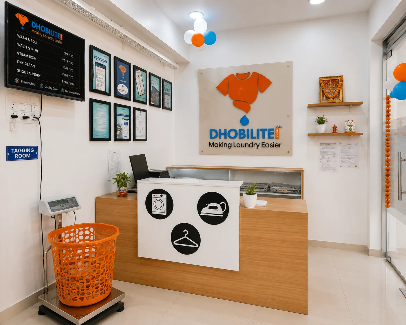 Garment processing room inside a DhobiLite franchise outlet