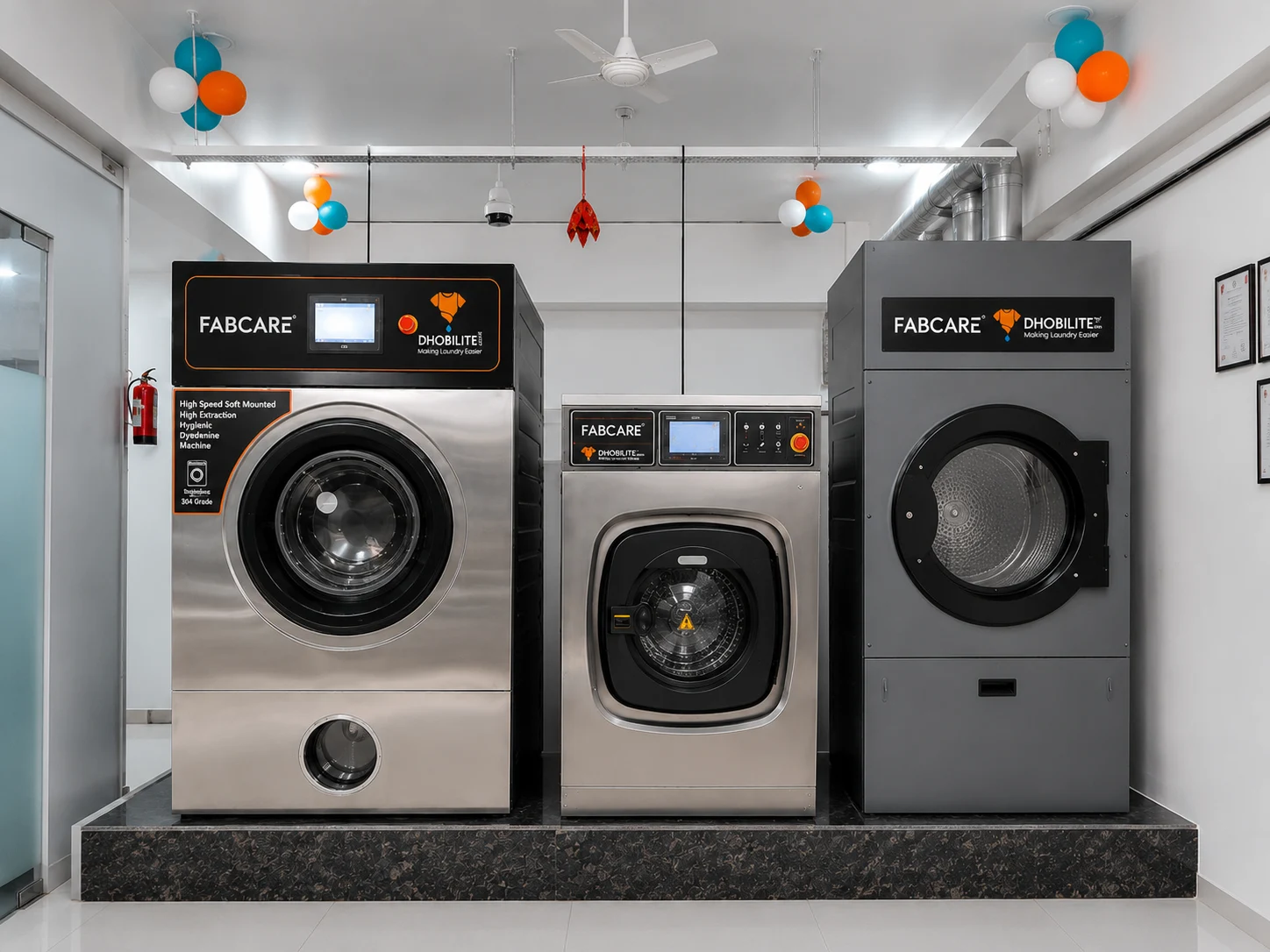 Industrial washing machines at a DhobiLite laundry franchise outlet