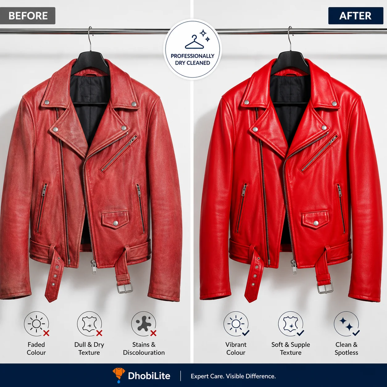 No damage guarantee on leather jacket dry cleaning by DhobiLite