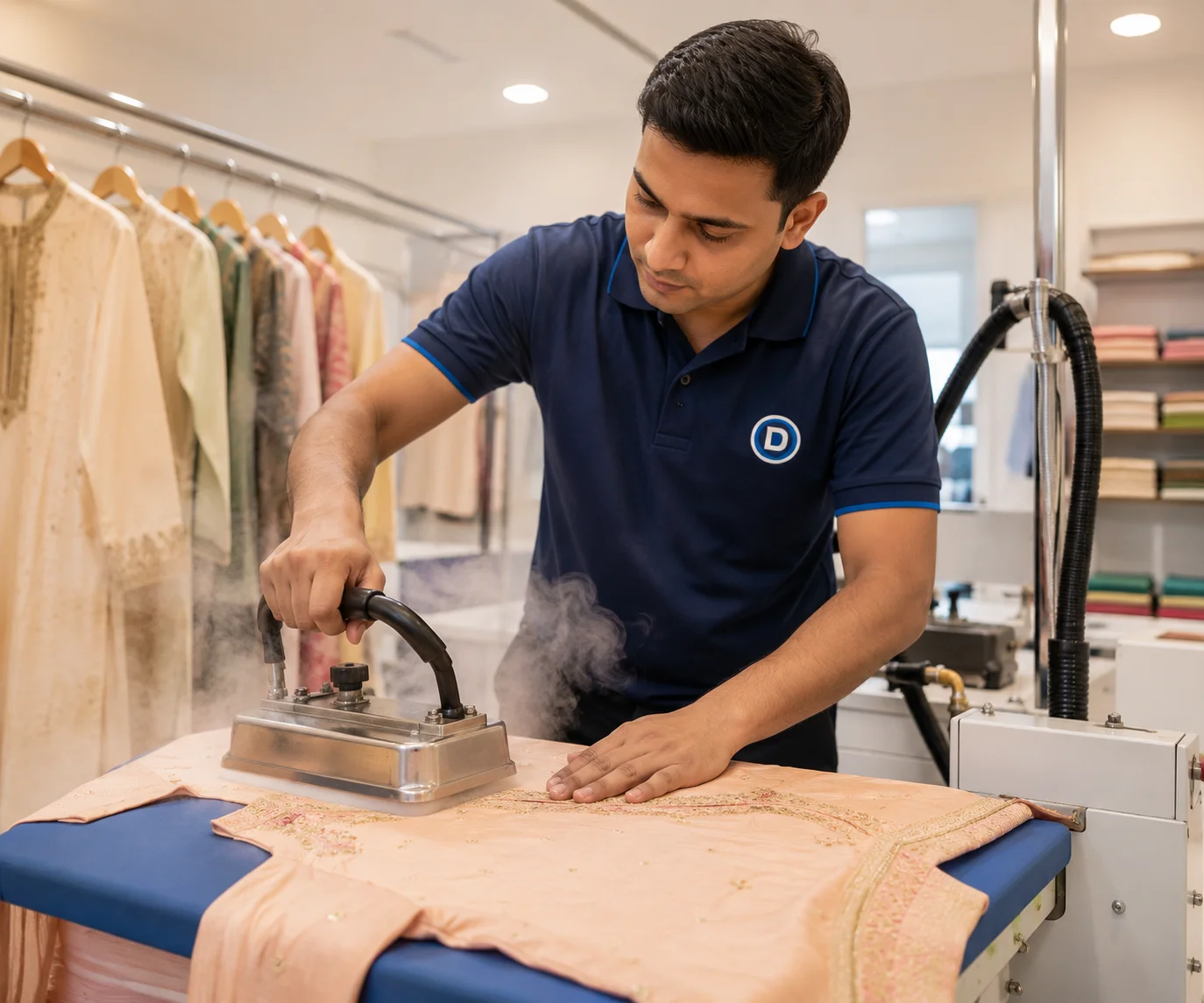DhobiLite expert steam press professionals handling garments