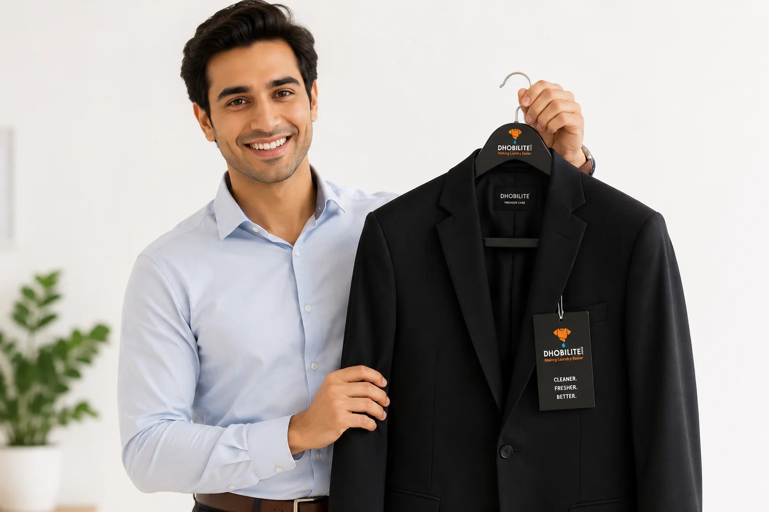 Happy customer with freshly cleaned clothes from DhobiLite
